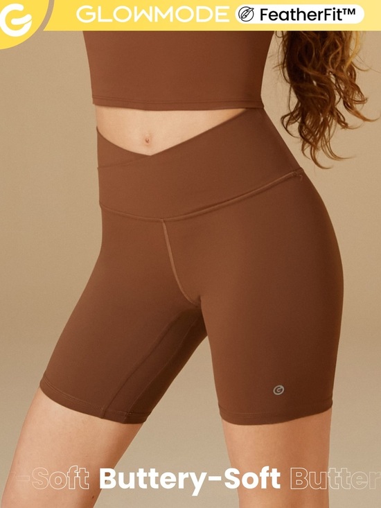 Glomode Pants - Glowmode FeatherFit 8-Inch High-Waisted Crossover Biker Shorts Brown NWOT